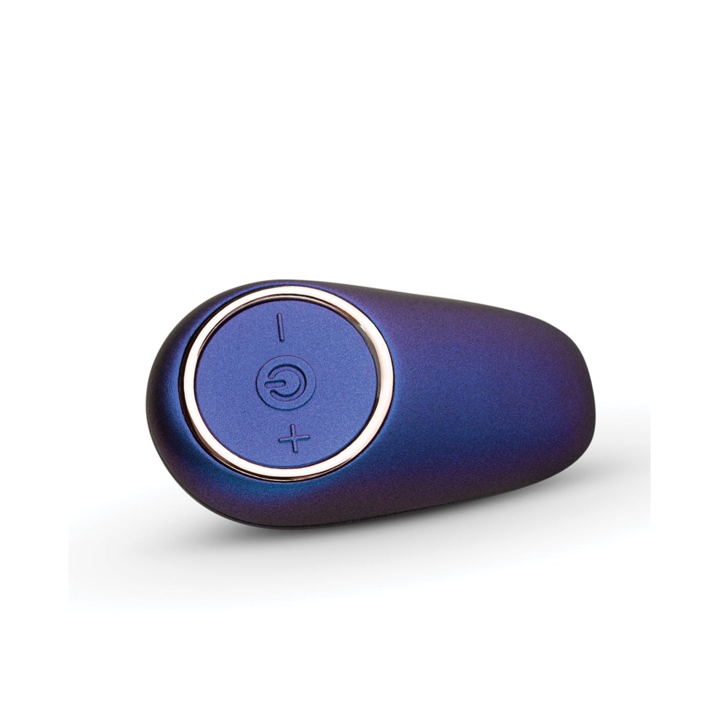 Close-up of a small, oval-shaped, dark blue earbud with a round button for volume and power control presented on its side. Its sleek design subtly echoes the minimalist style of the Hueman Black Hole Anal Vibrator & Cock Ring against a plain white background.