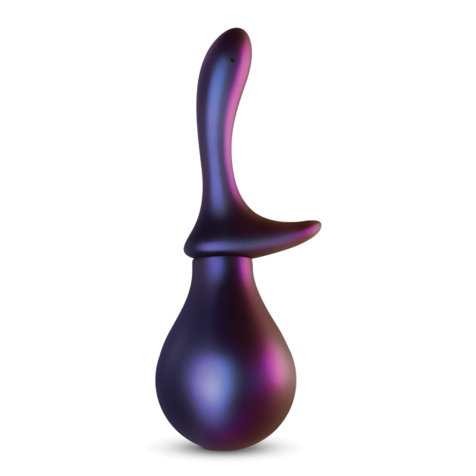The Hueman Nebula Anal Douche Bulb, part of the Hueman Collection, boasts a sleek design with a dark purple-black color scheme. Its ergonomic shape includes a rounded, bulbous base and curved handle, featuring subtle gradients that enhance both its function and style.