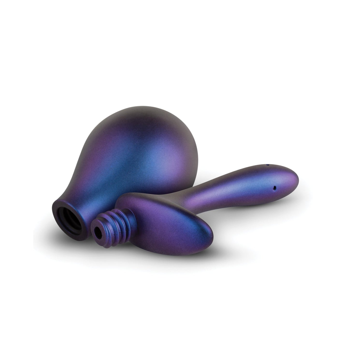 From the Hueman collection, the Nebula Anal Douche Bulb is a purple and blue iridescent douche featuring a detachable bulb and nozzle. Its smooth metallic shine stands out against a plain white background, adding elegance to your anal cleaning routine.
