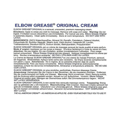 The Elbow Grease Original Cream label, by Elbow Grease, highlights directions, warnings, and ingredients in English, French, German, Spanish, and Dutch. It stresses external use only with cautions: Do not ingest and Keep away from eyes.