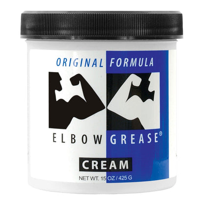 A 15 oz (425 g) container of Elbow Grease Original Cream, a mineral oil-based lubricant by Elbow Grease, features a blue and white label with muscular arm graphics and has a black lid.