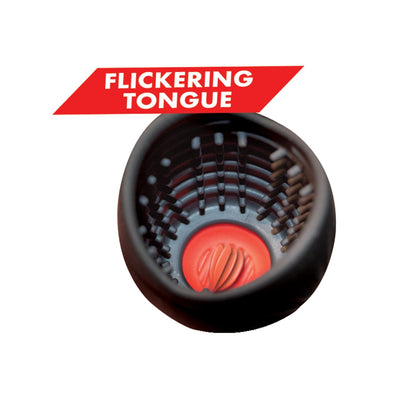 Close-up of the sleek, black Enhancer Ultimate Blow Job device with a silicone body, textured inside, and red center. A Flickering Tongue banner is at the top left. Its waterproof design enhances its modern appeal.
