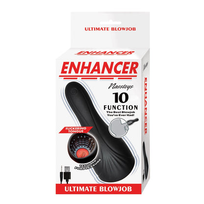 The product box of the Enhancer Ultimate Blow Job by Enhancer highlights its silicone construction and 10 functions, with images emphasizing the flickering tongue and suction vibration. It includes a USB charging cable and phrases Ultimate Blowjob and Flickering Tongue.