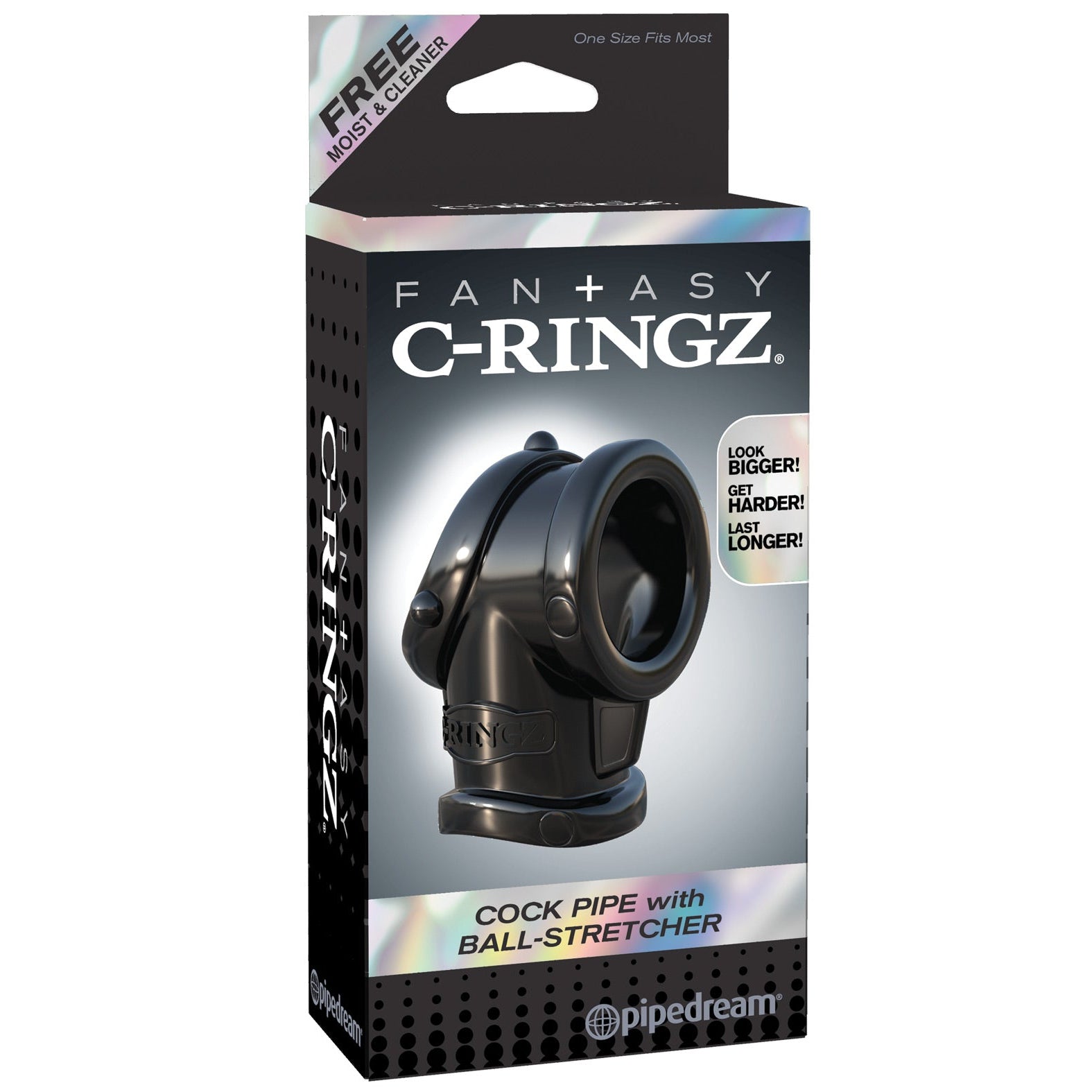 The elegant box showcases the Fantasy C-Ringz Cock Pipe w/ Ball Stretcher by Fantasy C-Ringz. Packaging promises to look bigger, get harder, last longer. Enjoy added convenience with a bonus Free Moist & Cleaner included.