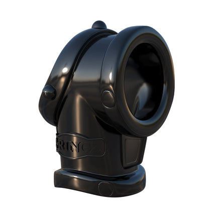 A black, glossy Fantasy C-Ringz Cock Pipe with Ball Stretcher, crafted from sleek TPR material, features a cylindrical shape with rounded edges and a hollow center. It has a smooth surface and an elegantly placed small embossed logo on one side against a white background.