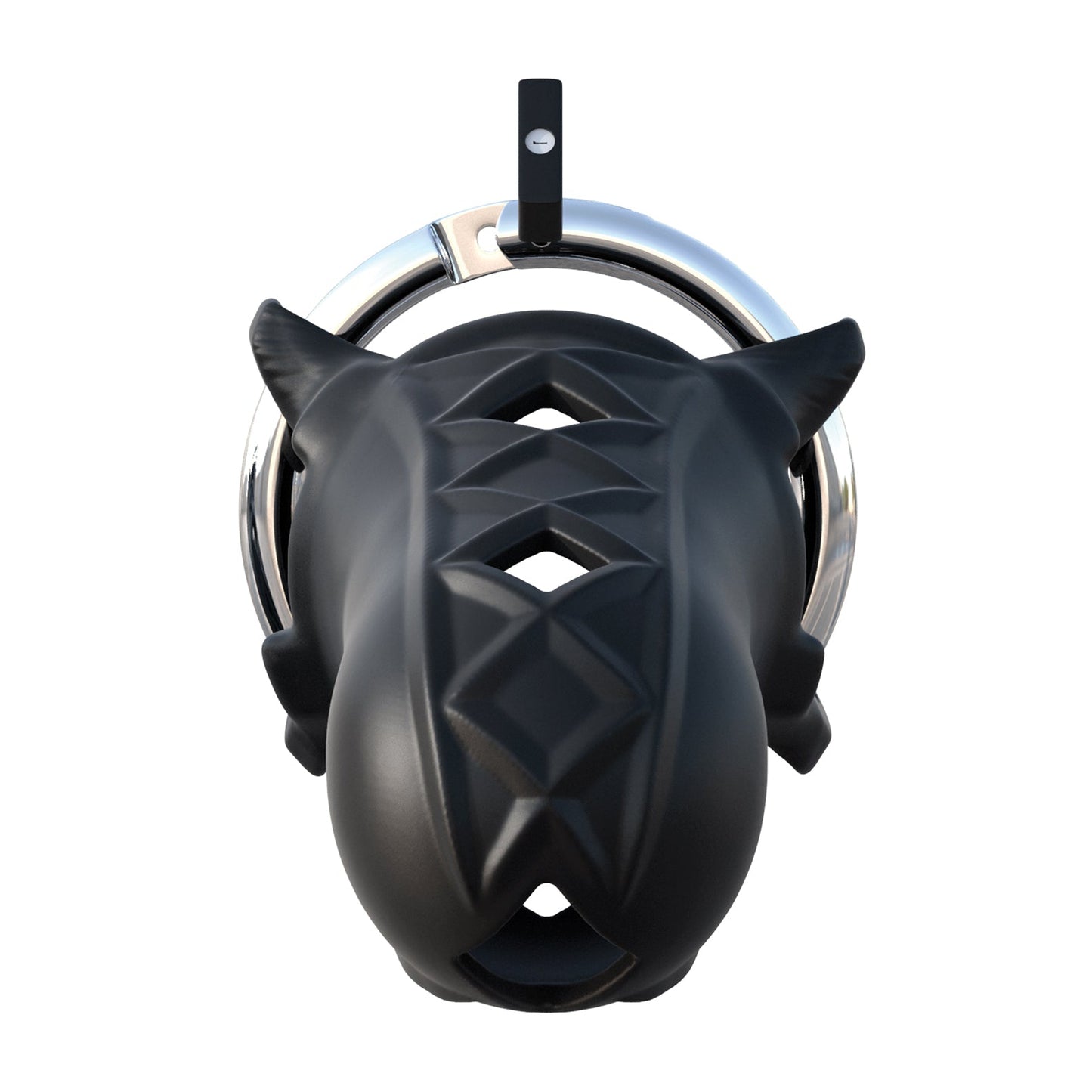 A black sculpture with a geometric design and ring on top, resembling an abstract cat with pointed ears and diamond-shaped patterns, mirrors the enigmatic allure of the Fantasy C-Ringz Extreme Silicone Cock Blocker—ideal for fetish enthusiasts.