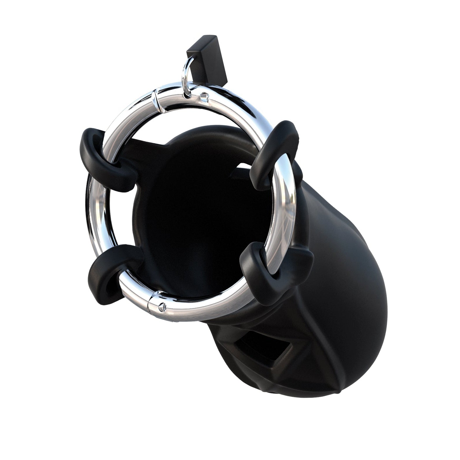 The Fantasy C-Ringz Extreme Silicone Cock Blocker is a sleek black device with a silver ring and lock mechanism, ideal for fetish enthusiasts. It has multiple rubber grips on the ring, offering an elegant design reminiscent of its silicone construction.