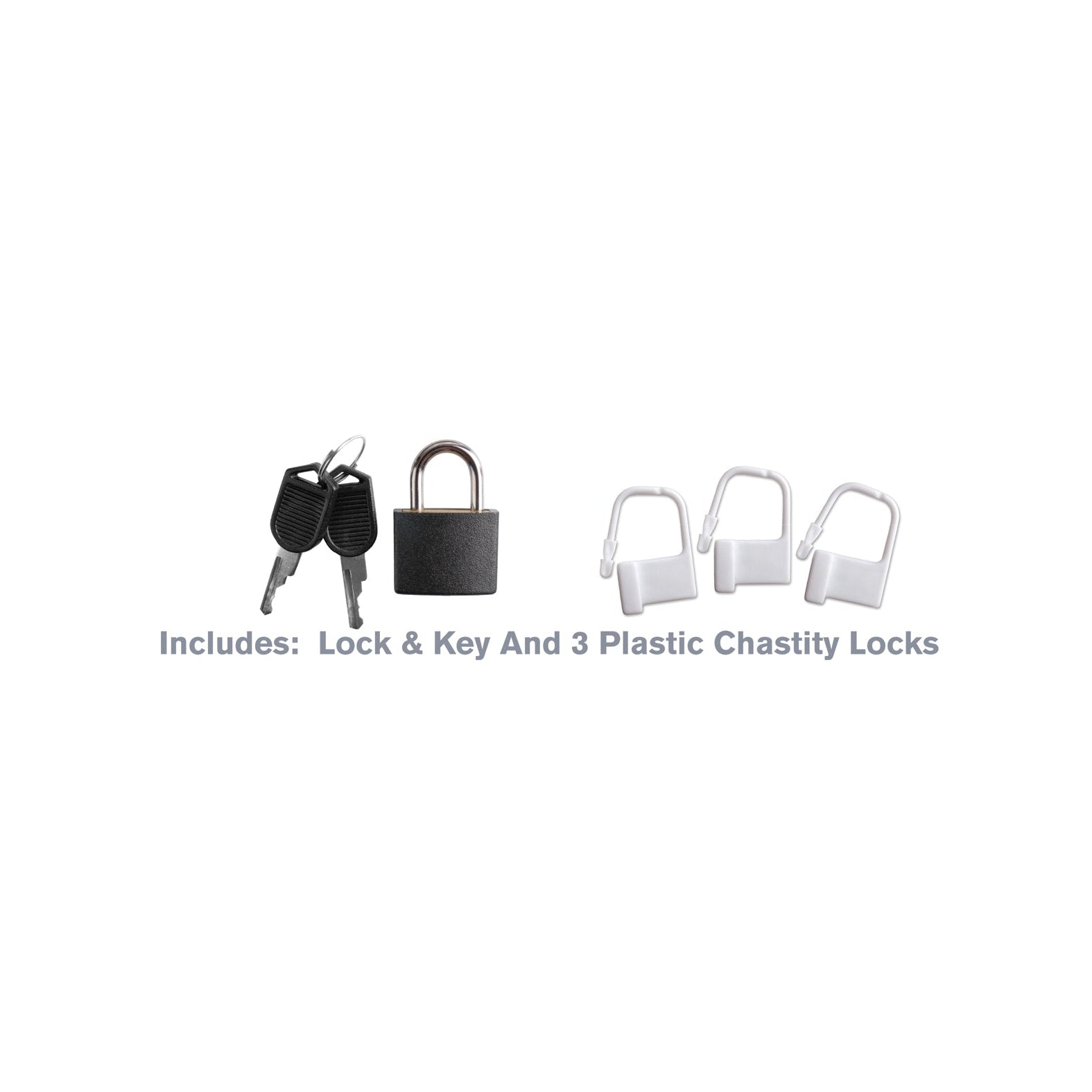 The Fantasy C-Ringz Extreme Silicone Cock Blocker includes a black padlock with three keys and three white plastic chastity locks, ideal for fetish enthusiasts.