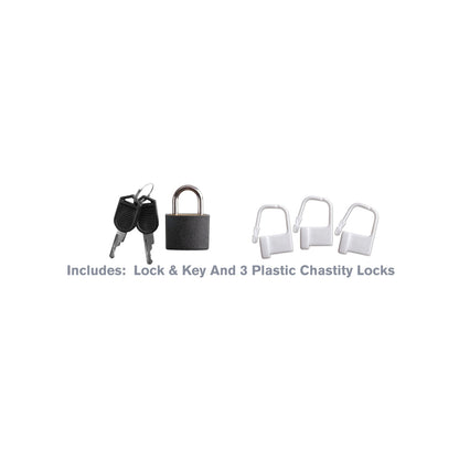 The Fantasy C-Ringz Extreme Silicone Cock Blocker includes a black padlock with three keys and three white plastic chastity locks, ideal for fetish enthusiasts.