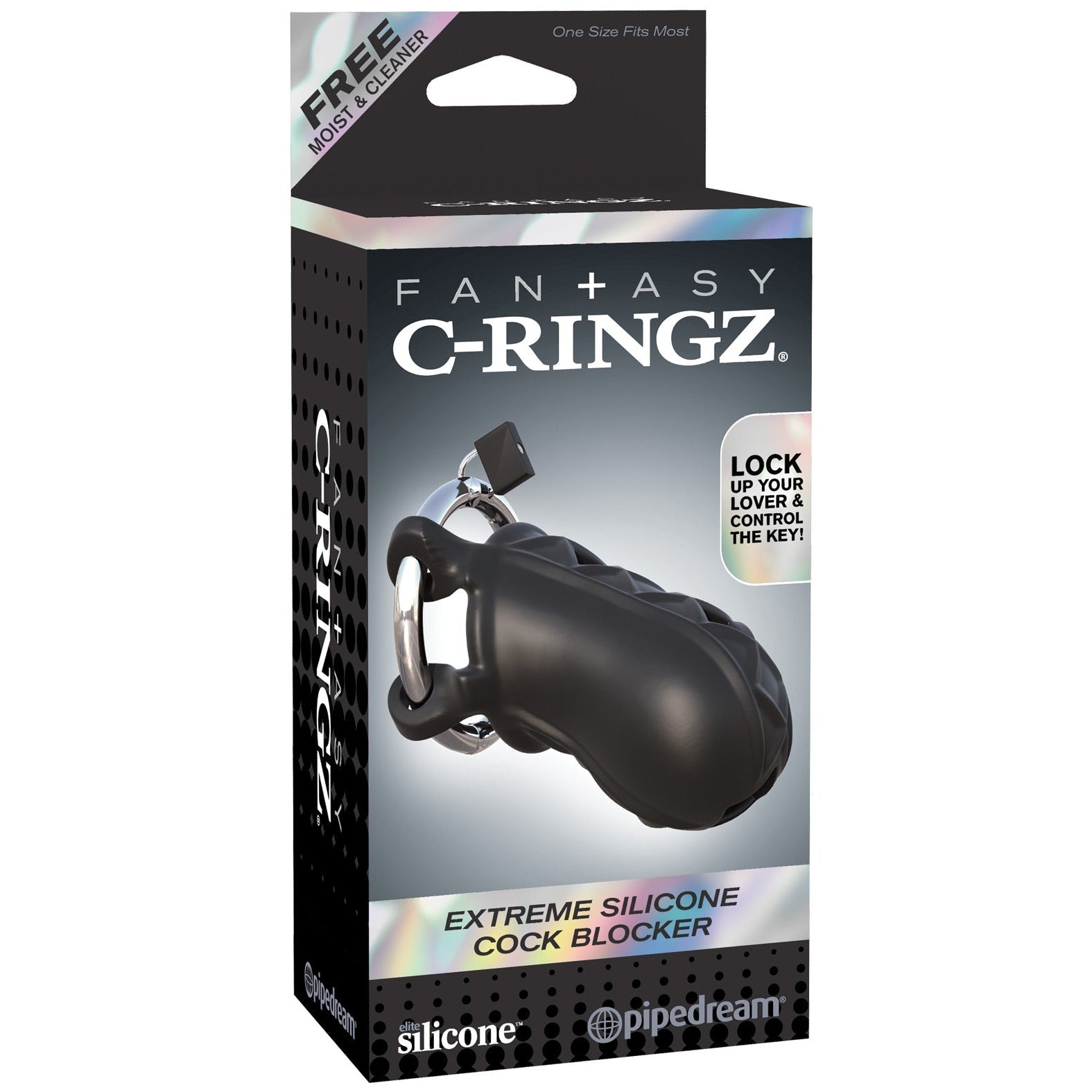 Packaging for Fantasy C-Ringz Extreme Silicone Cock Blocker in black features a stylish chastity cage with lock. Ideal for fetish fans, it promotes a Free Moist Cleaner and the phrase Lock up your lover & control the key, with the Fantasy C-Ringz brand prominently displayed.