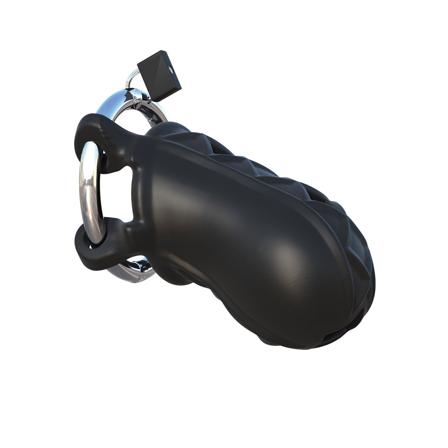 The Fantasy C-Ringz Extreme Silicone Cock Blocker is displayed from an angle, showcasing its black color with a shiny metallic pin and clasp. The image emphasizes its textured surface and modern, stylized design, reminiscent of the bold aesthetics favored by fetish enthusiasts.