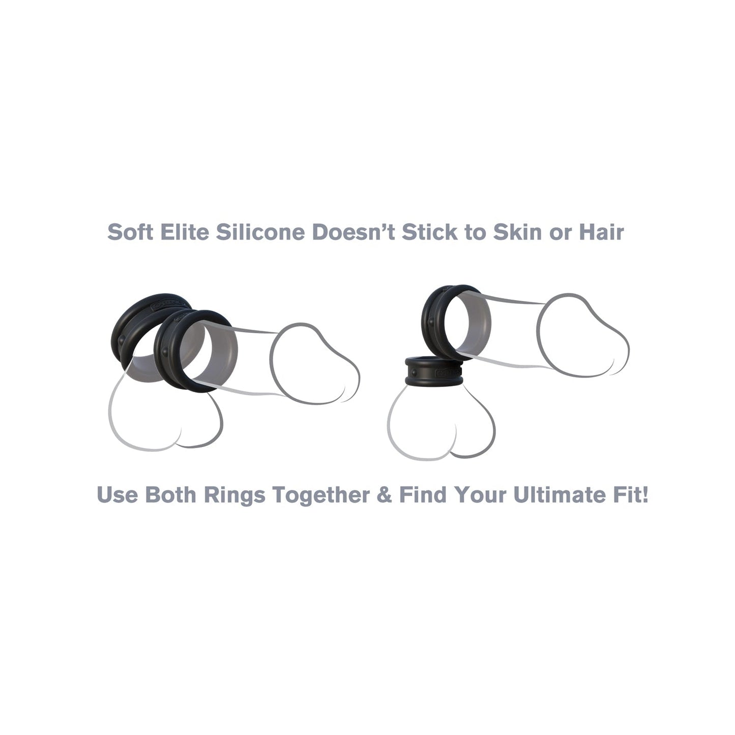 Two black silicone cock rings with clear extensions are shown on a white background. Text reads, Fantasy C-Ringz Max Width Silicone Doesn’t Stick to Skin or Hair and Use Both Rings Together & Find Your Ultimate Fit! Enjoy body-safe material for harder erections from Pipedream Products.