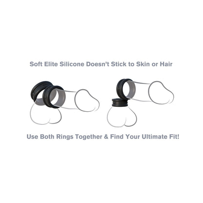 Two black silicone cock rings with clear extensions are shown on a white background. Text reads, Fantasy C-Ringz Max Width Silicone Doesn’t Stick to Skin or Hair and Use Both Rings Together & Find Your Ultimate Fit! Enjoy body-safe material for harder erections from Pipedream Products.