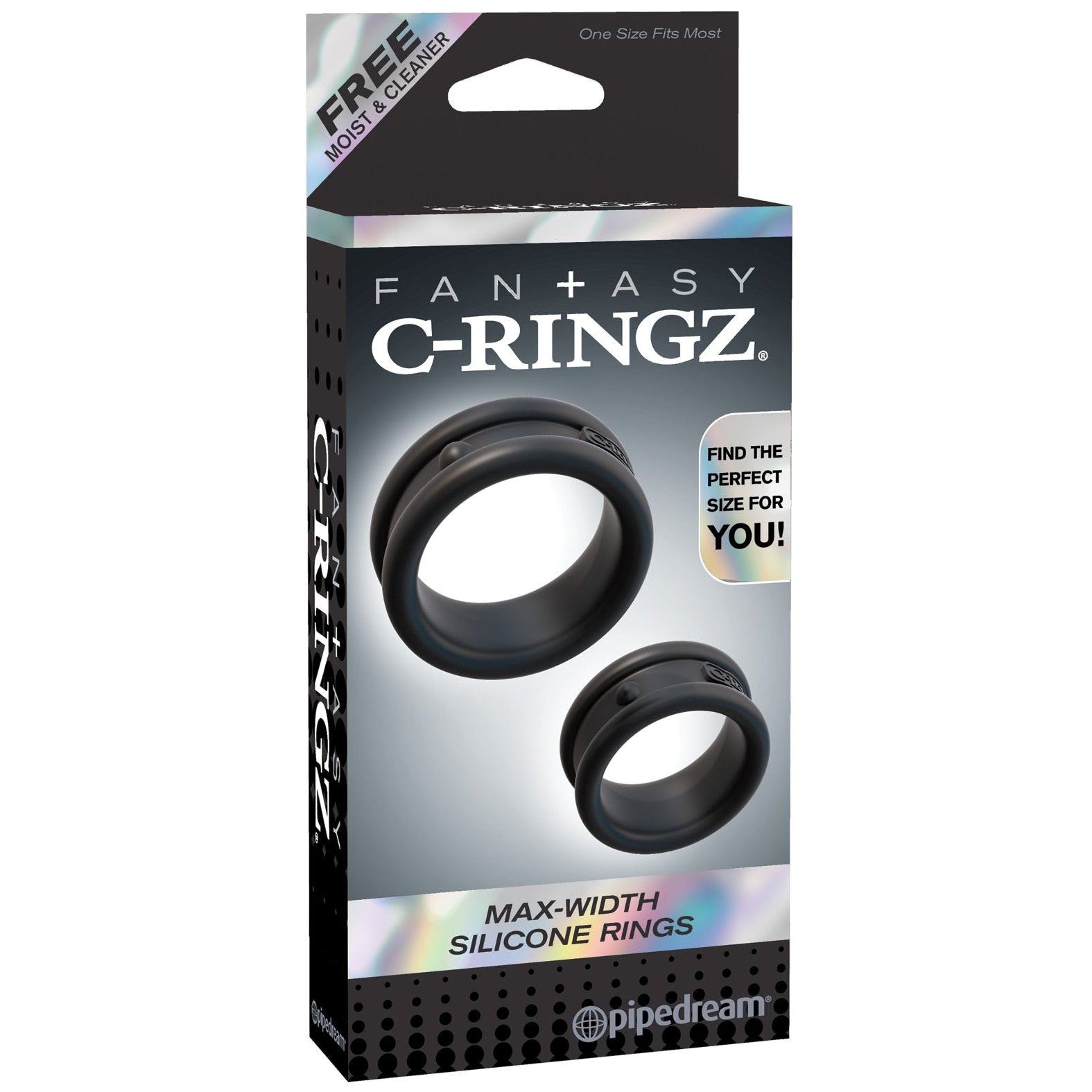 Pipedream Products Fantasy C-Ringz Max Width Silicone Cock Rings come in a holographic package featuring two black body-safe silicone rings for harder erections and a free moist cleaner.