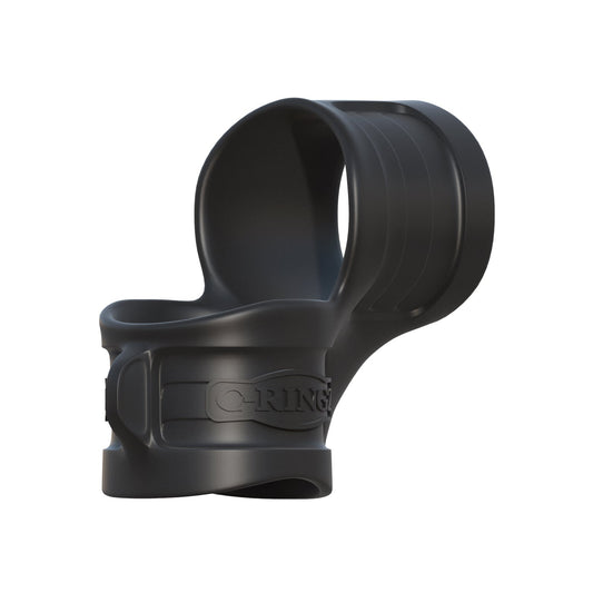 The Fantasy C-Ringz Mr. Big Cock Ring & Ball Stretcher by Adams Toy Box is a sleek black plastic accessory with a curved design and labeled band, featuring an open loop and wider circular opening for enhanced prolonged play.