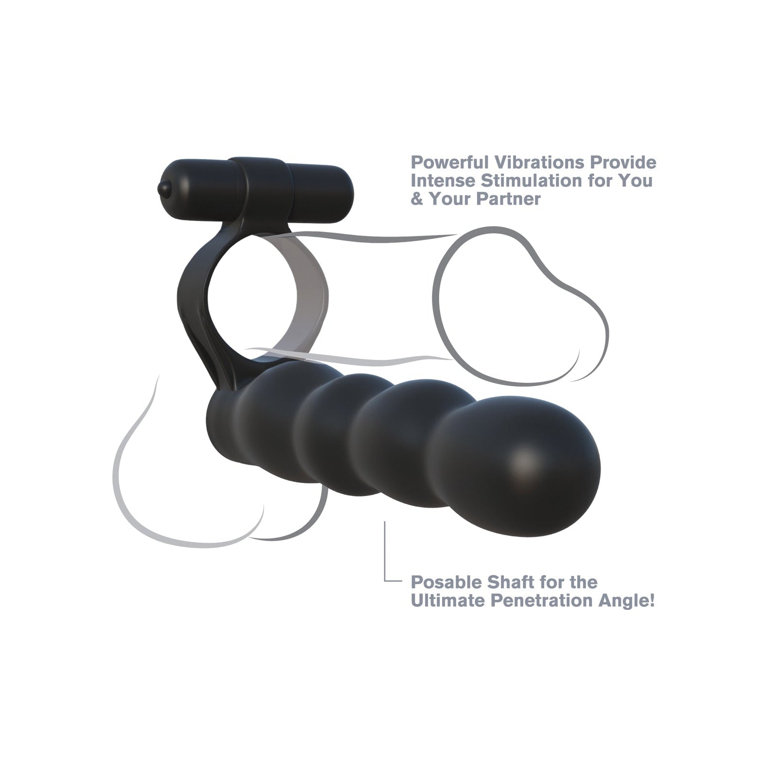 The Fantasy C-Ringz Posable Partner Double Penetrator is a black silicone vibrating ring designed for intimate use, featuring multiple rounded beads. It offers powerful vibrations for intense stimulation and a posable shaft to achieve the ultimate double penetration angle.