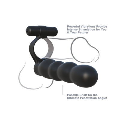 The Fantasy C-Ringz Posable Partner Double Penetrator is a black silicone vibrating ring designed for intimate use, featuring multiple rounded beads. It offers powerful vibrations for intense stimulation and a posable shaft to achieve the ultimate double penetration angle.