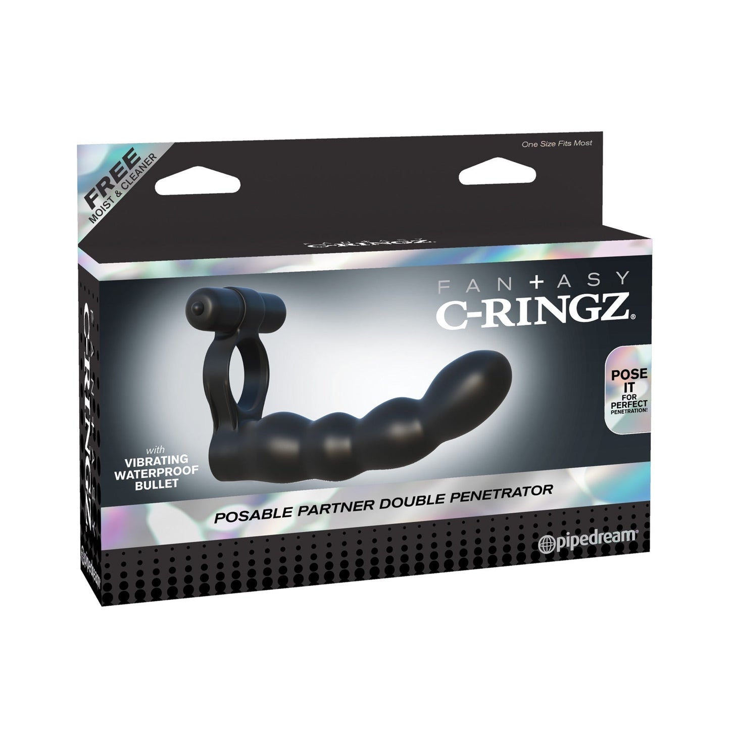 The Fantasy C-Ringz product packaging showcases the Posable Partner Double Penetrator, a silicone cock ring with dual penetrator features and holographic accents, highlighting the waterproof vibrating bullet. Brand: Pipedream.