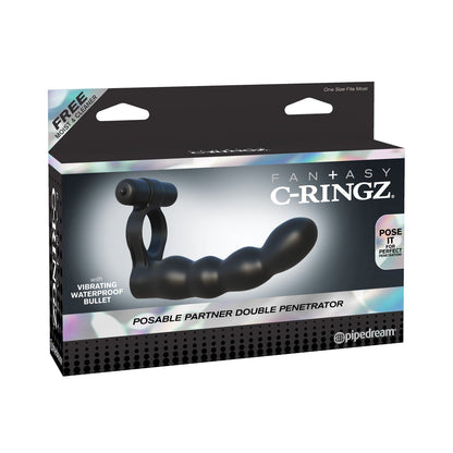 The Fantasy C-Ringz product packaging showcases the Posable Partner Double Penetrator, a silicone cock ring with dual penetrator features and holographic accents, highlighting the waterproof vibrating bullet. Brand: Pipedream.