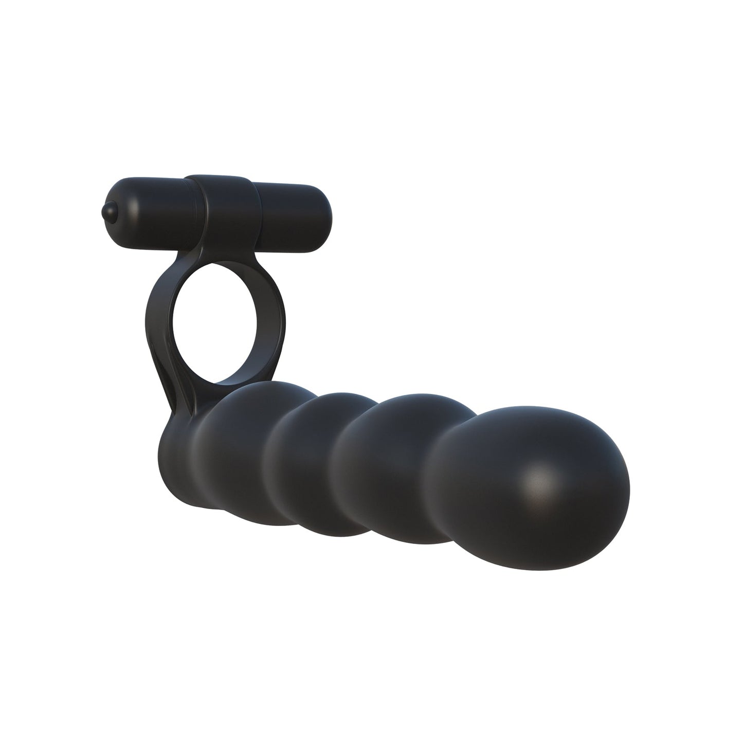 Resembling a personal care device, the Fantasy C-Ringz Posable Partner Double Penetrator is a black, elongated object crafted from smooth, matte silicone with a handle-like section at one end and rounded, segmented design elements similar to vibrating rings for enhanced sensation.