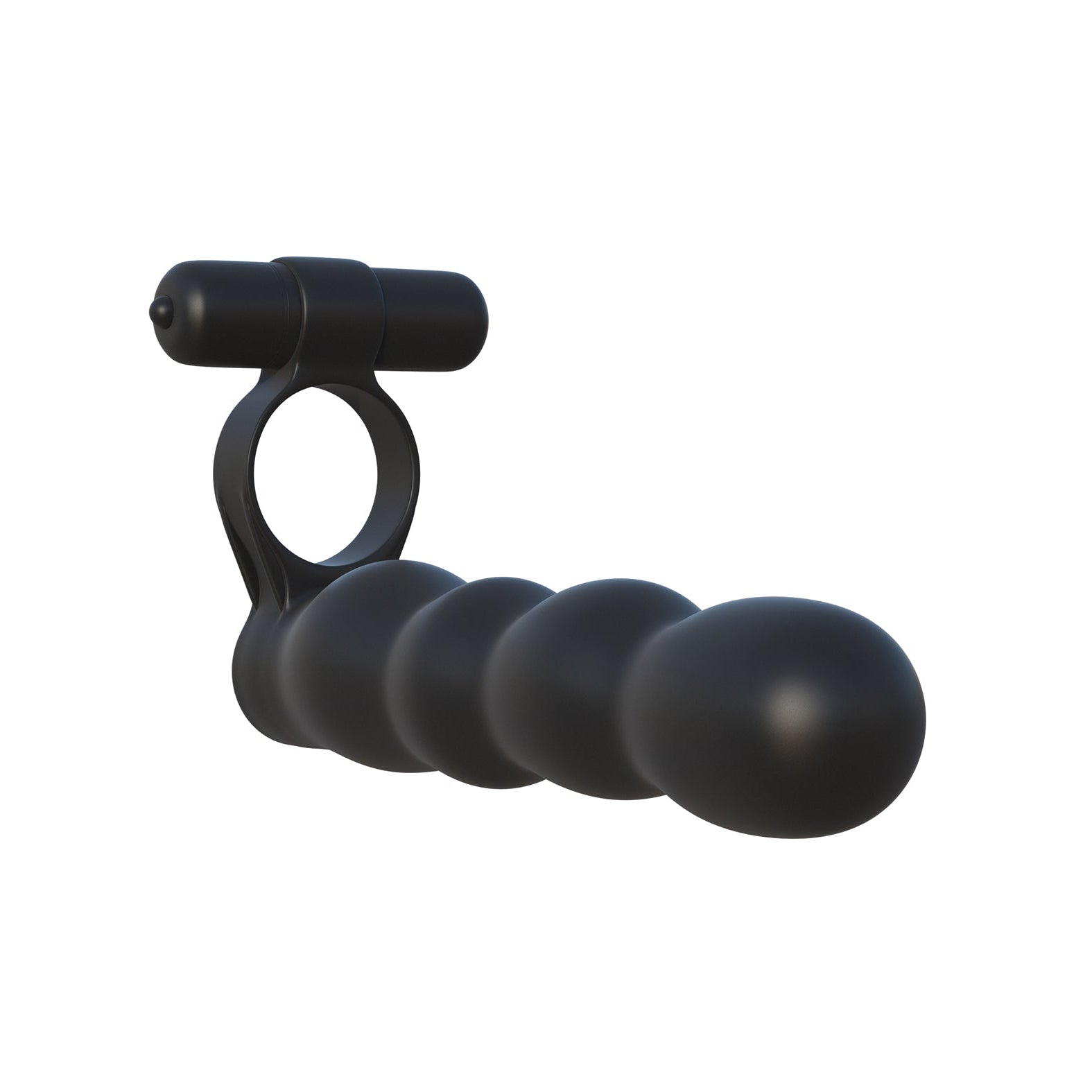 Resembling a personal care device, the Fantasy C-Ringz Posable Partner Double Penetrator is a black, elongated object crafted from smooth, matte silicone with a handle-like section at one end and rounded, segmented design elements similar to vibrating rings for enhanced sensation.