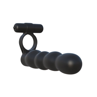 Resembling a personal care device, the Fantasy C-Ringz Posable Partner Double Penetrator is a black, elongated object crafted from smooth, matte silicone with a handle-like section at one end and rounded, segmented design elements similar to vibrating rings for enhanced sensation.