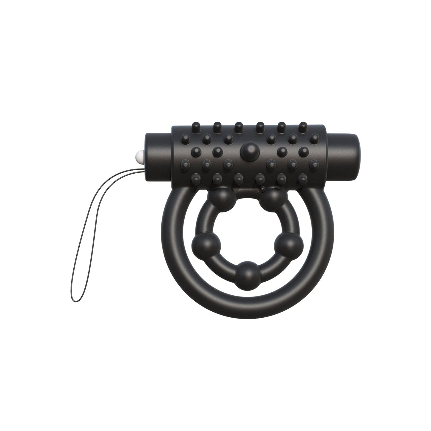 The Fantasy C-Ringz Remote Control Performance Pro is a black cylindrical device with a textured surface and elite silicone finish. Attached to a dual-ring structure with bead designs, it offers dual-action enhancement and utility via a loop on one end.
