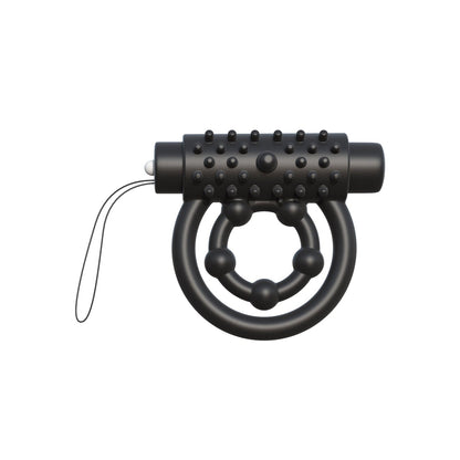 The Fantasy C-Ringz Remote Control Performance Pro is a black cylindrical device with a textured surface and elite silicone finish. Attached to a dual-ring structure with bead designs, it offers dual-action enhancement and utility via a loop on one end.