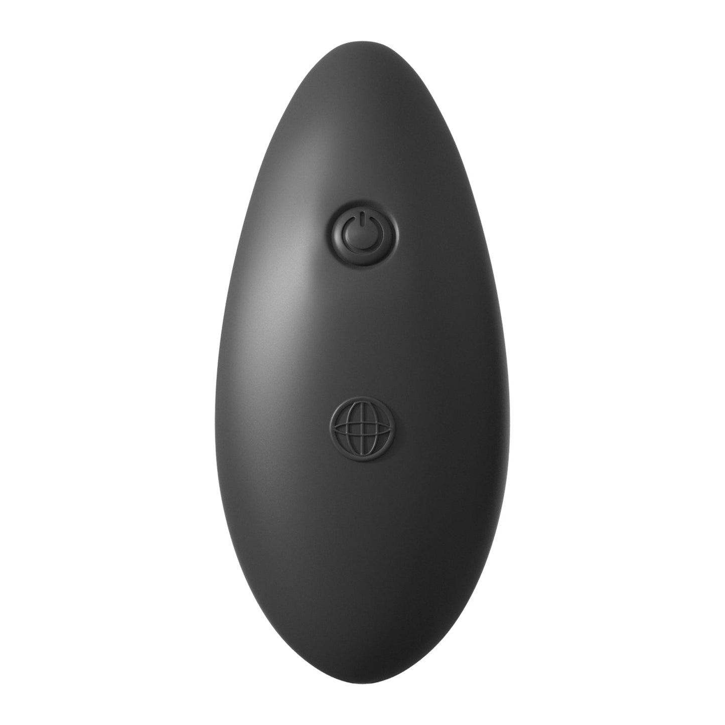 The Fantasy C-Ringz Remote Control Performance Pro is a sleek black, oval silicone device with two embossed buttons: a power symbol at the top and a globe symbol below, offering dual-action enhancement against a plain white background.