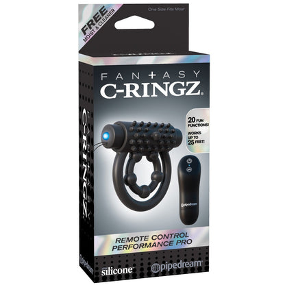 The Fantasy C-Ringz Remote Control Performance Pro is a silicone ring with a sleek black design and 20 fun functions. It offers dual-action enhancement and operates at a range of up to 25 feet. A free moist cleaner is included for convenience.