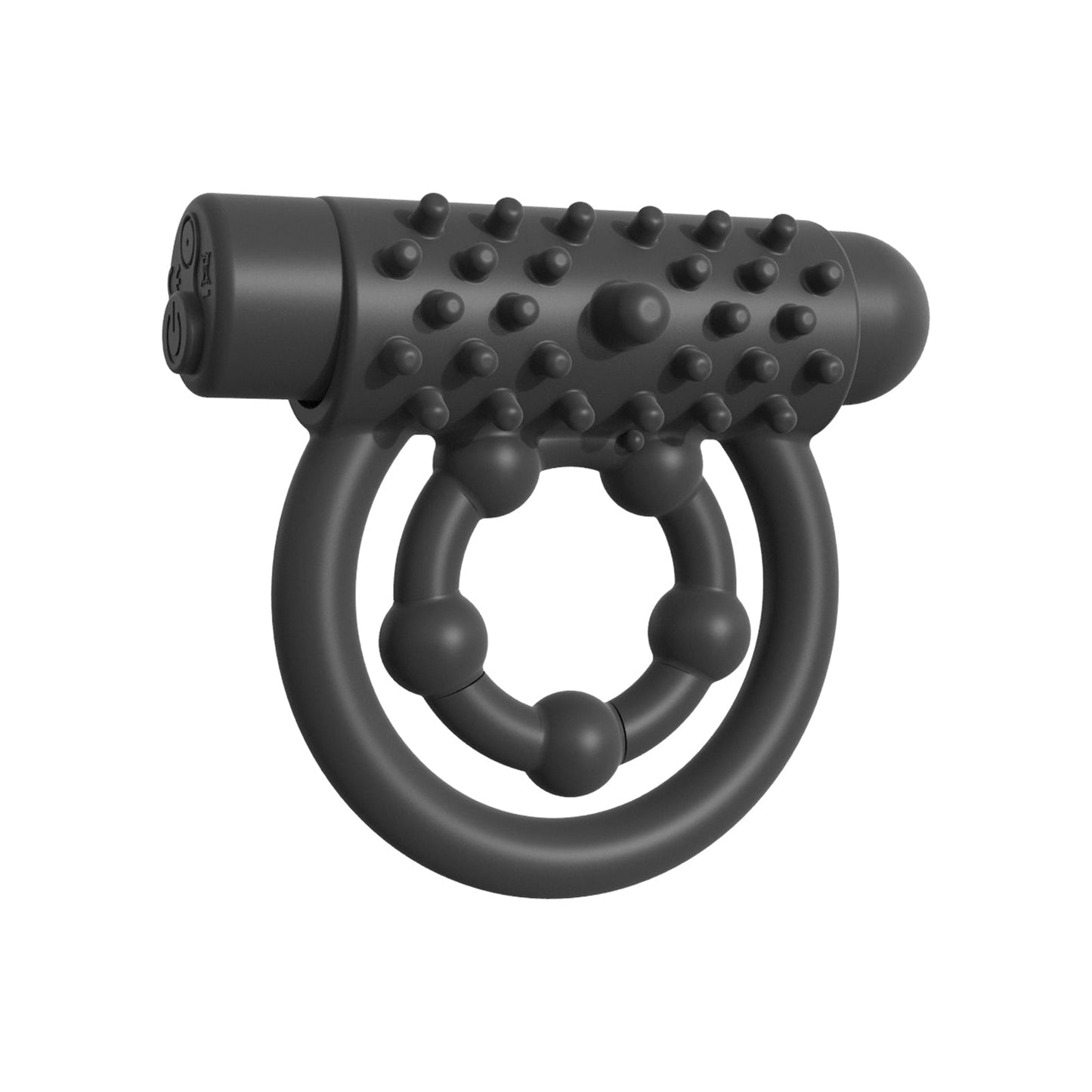 The Fantasy C-Ringz Remote Control Performance Pro features a black textured vibrating ring made from premium silicone, with a cylindrical studded body and circular beaded ring, designed for personal use and dual-action enhancement.