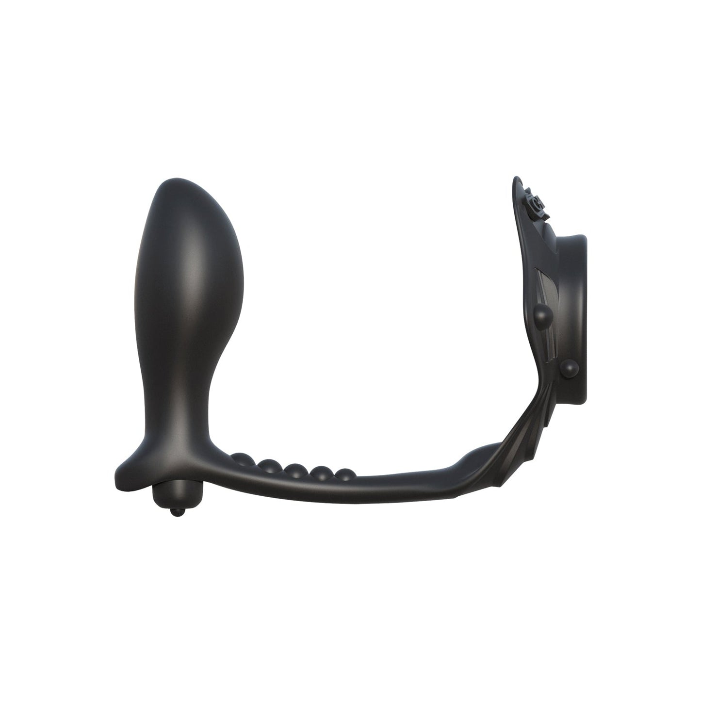 The Fantasy C-Ringz Rock Hard Ass-Gasm Vibrating Ring by Fantasy C-Ringz is a black, curved personal massager made from hypoallergenic silicone, designed ergonomically with a smooth bulbous end, small beads on the handle, and a suction cup base for stability.