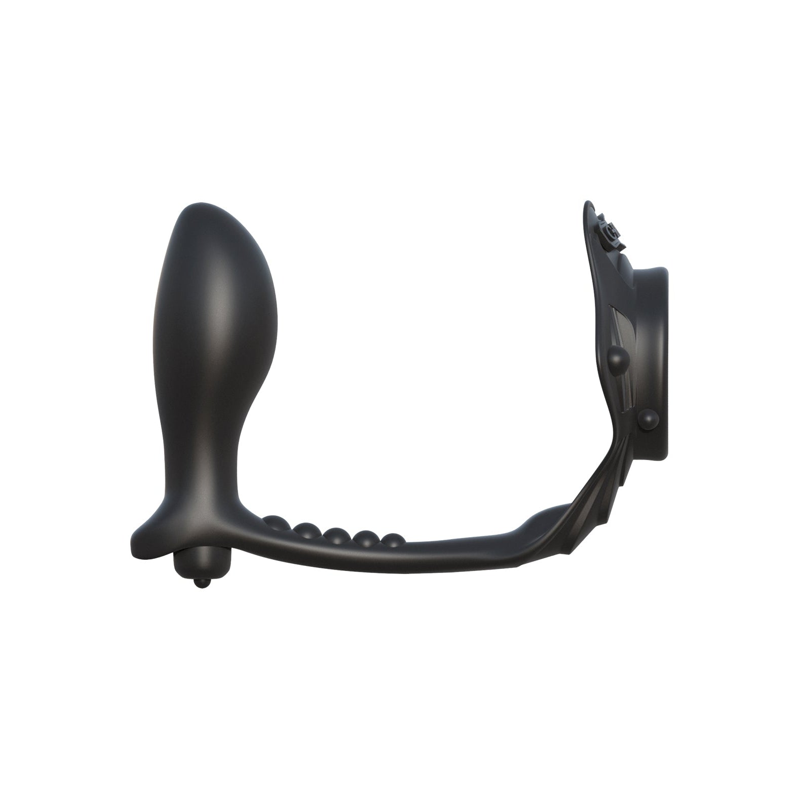 The Fantasy C-Ringz Rock Hard Ass-Gasm Vibrating Ring by Fantasy C-Ringz is a black, curved personal massager made from hypoallergenic silicone, designed ergonomically with a smooth bulbous end, small beads on the handle, and a suction cup base for stability.