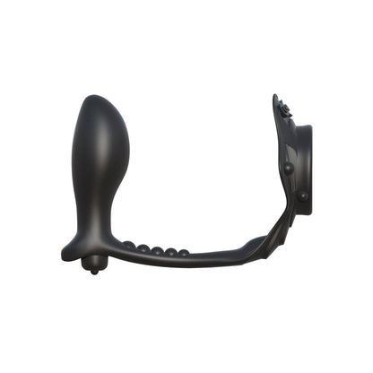 The Fantasy C-Ringz Rock Hard Ass-Gasm Vibrating Ring by Fantasy C-Ringz is a black, curved personal massager made from hypoallergenic silicone, designed ergonomically with a smooth bulbous end, small beads on the handle, and a suction cup base for stability.