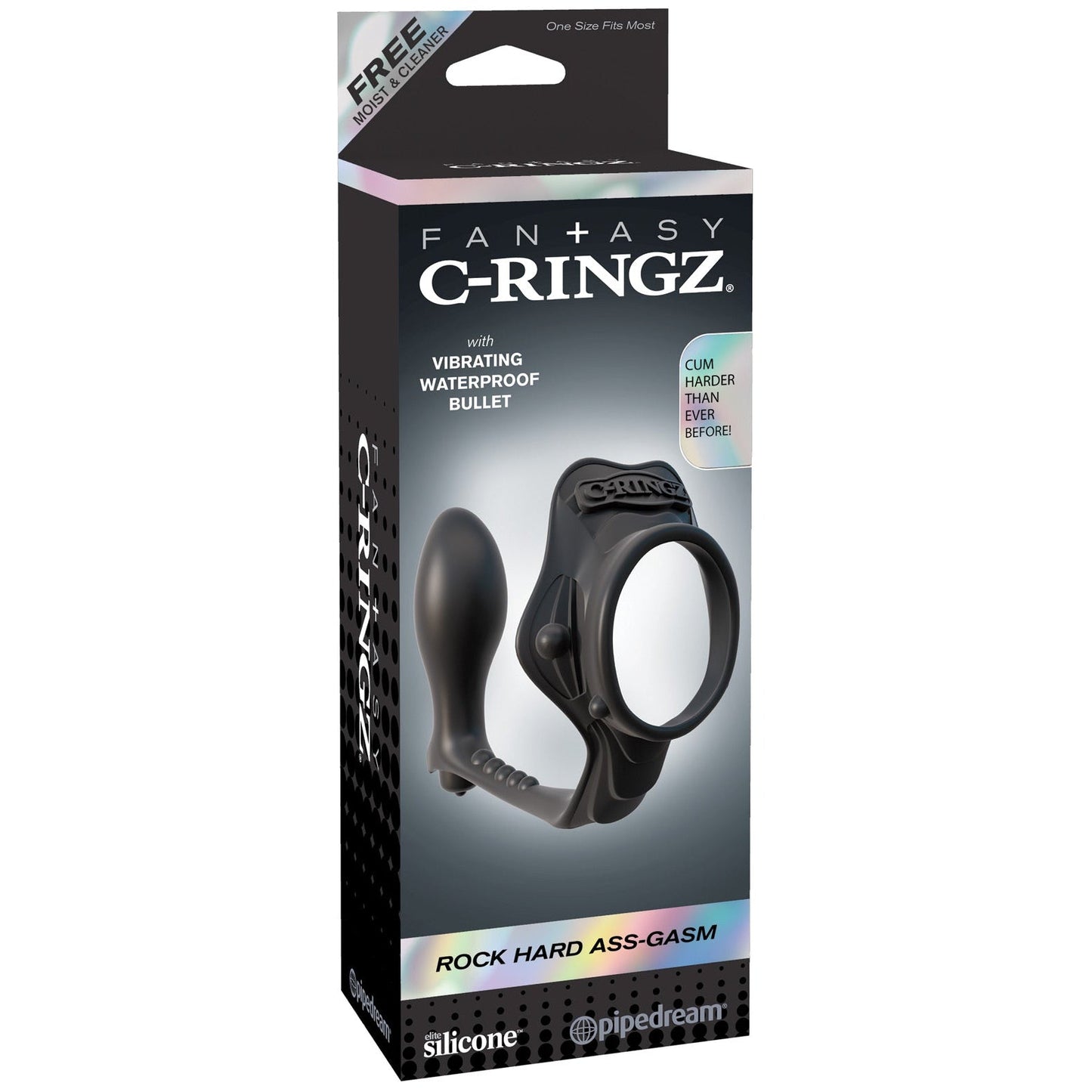 The Fantasy C-Ringz Rock Hard Ass-Gasm Vibrating Ring is packaged with a black silicone cock ring and anal plug, featuring a waterproof vibrating bullet crafted from hypoallergenic silicone. This innovative product enhances pleasure and ensures long-lasting erections.