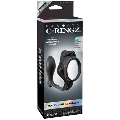 The Fantasy C-Ringz Rock Hard Ass-Gasm Vibrating Ring is packaged with a black silicone cock ring and anal plug, featuring a waterproof vibrating bullet crafted from hypoallergenic silicone. This innovative product enhances pleasure and ensures long-lasting erections.