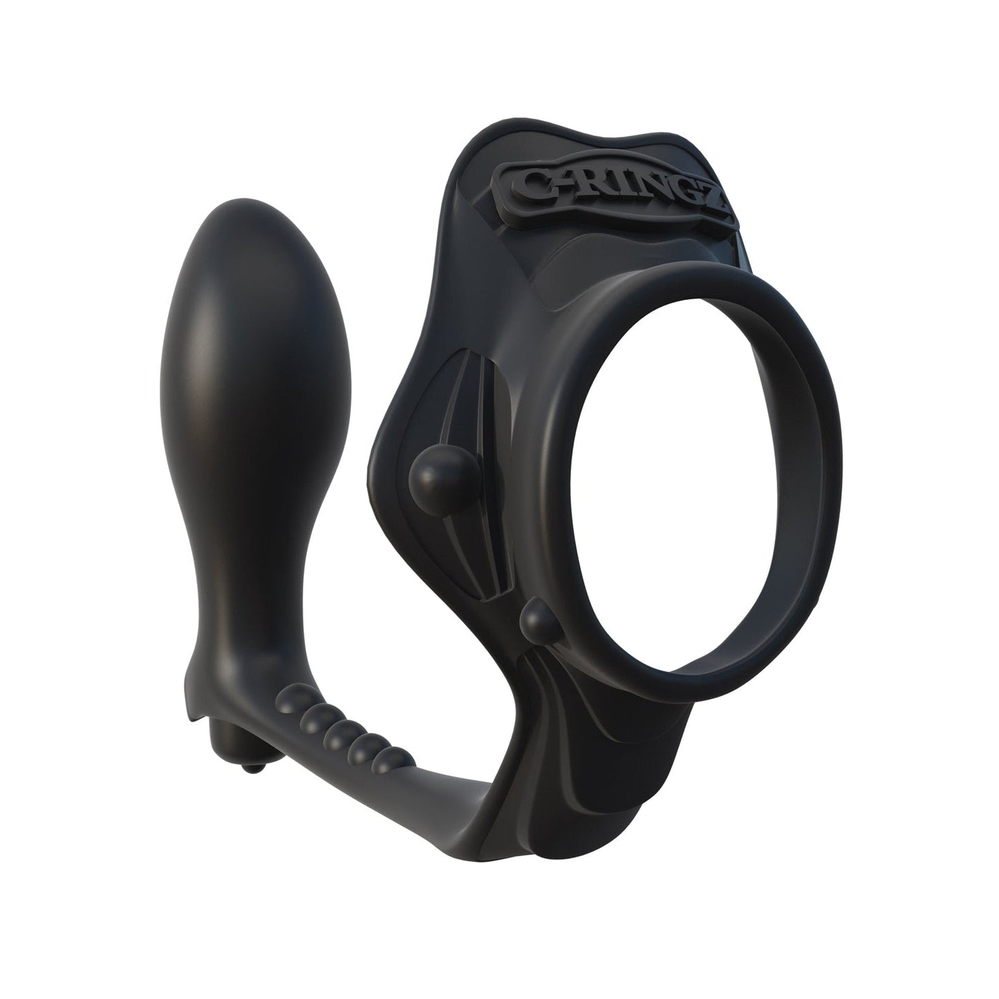 The Fantasy C-Ringz Rock Hard Ass-Gasm Vibrating Ring is a black, hypoallergenic silicone cock ring with an ergonomic spherical handle featuring ridges. It has Cring engraved on top and combines smooth surfaces with textured details.