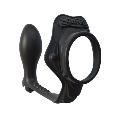 The Fantasy C-Ringz Rock Hard Ass-Gasm Vibrating Ring is a black, hypoallergenic silicone cock ring with an ergonomic spherical handle featuring ridges. It has Cring engraved on top and combines smooth surfaces with textured details.