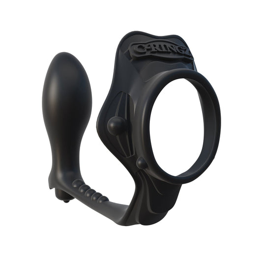 The Fantasy C-Ringz Rock Hard Ass-Gasm Vibrating Ring is a black, hypoallergenic silicone cock ring with an ergonomic spherical handle featuring ridges. It has Cring engraved on top and combines smooth surfaces with textured details.
