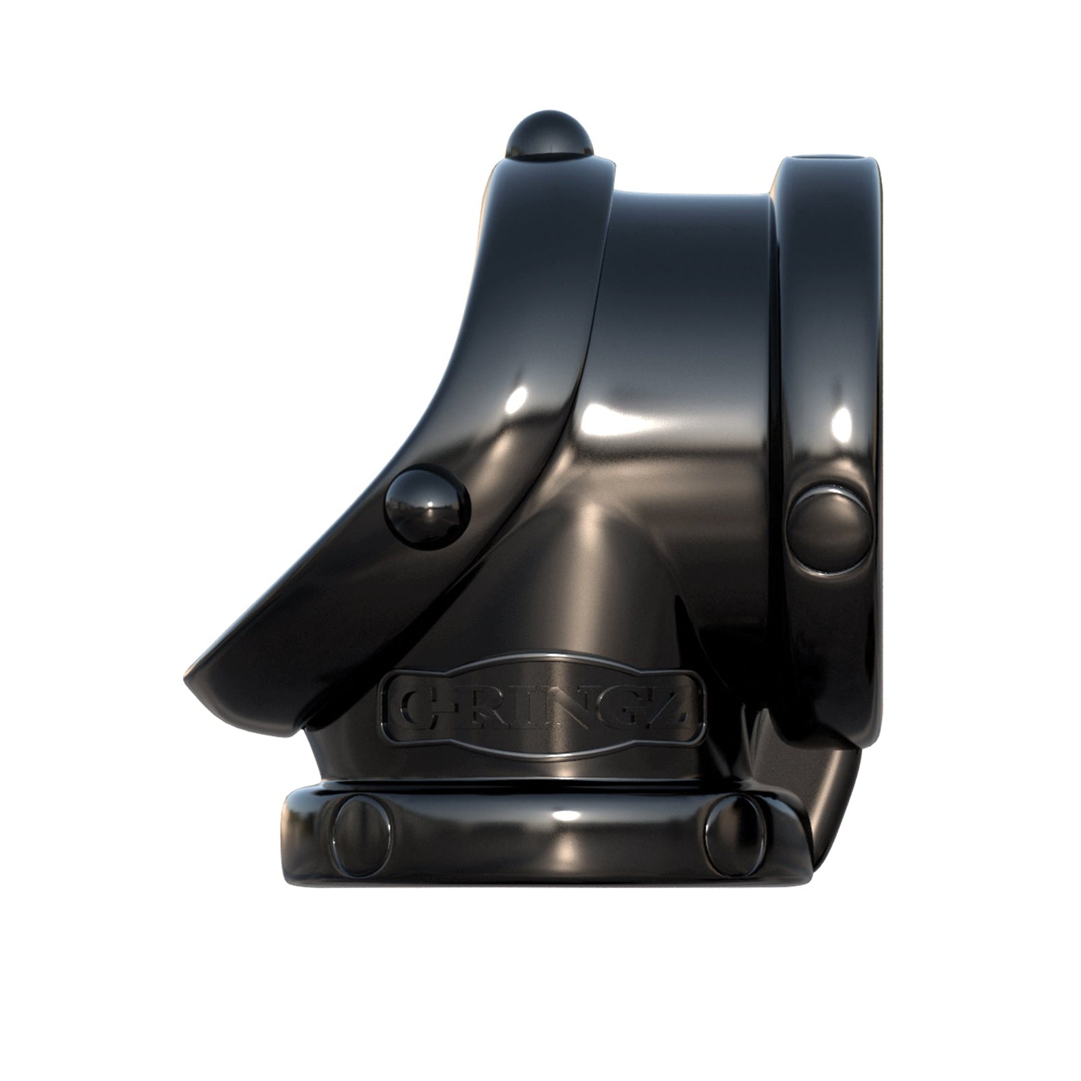 A sleek, black, cylindrical device with a polished finish and rounded edges mirrors the bold design of the Fantasy C-Ringz Rock Hard Cock Pipe. It has a slightly tapered build with a flat base showing visible screws, and GRINCH etched on the side for an added performance enhancement flair.