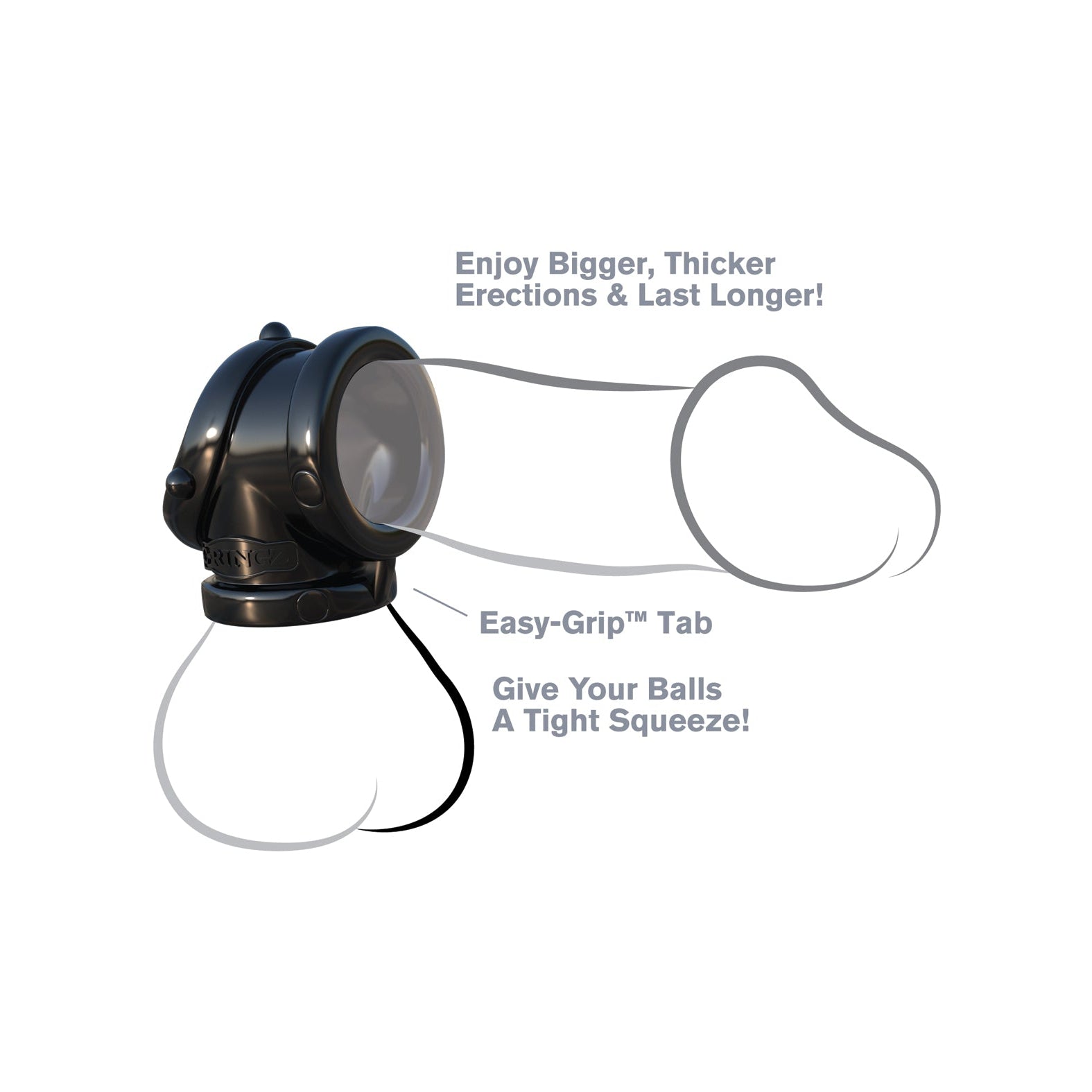 Illustration of a black ring device labeled with features: Enjoy Bigger, Thicker Erections & Last Longer, Easy-Grip™ Tab, and Give Your Balls A Tight Squeeze. The Fantasy C-Ringz Rock Hard Cock Pipe promises rock-hard erections, positioned over an outlined drawing of male genitalia.