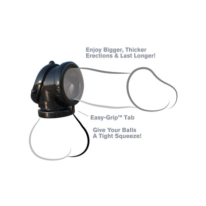 Illustration of a black ring device labeled with features: Enjoy Bigger, Thicker Erections & Last Longer, Easy-Grip™ Tab, and Give Your Balls A Tight Squeeze. The Fantasy C-Ringz Rock Hard Cock Pipe promises rock-hard erections, positioned over an outlined drawing of male genitalia.