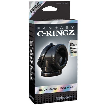 The Fantasy C-Ringz Rock Hard Cock Pipes packaging promises rock-hard erections, featuring a sleek Rockstar Rocket Ring design. It comes with a glossy image and highlights an included free moist cleaner.