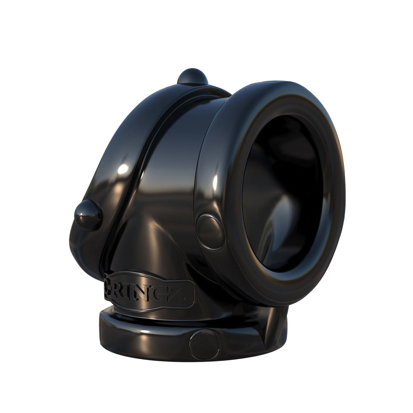 A sleek, black abstract sculpture with smooth surfaces and a hollow center resembles the Fantasy C-Ringz Rock Hard Cock Pipe. Its polished finish and interlocking design evoke modern art while symbolizing peak performance enhancement.