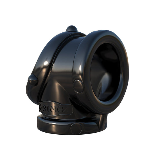 A sleek, black abstract sculpture with smooth surfaces and a hollow center resembles the Fantasy C-Ringz Rock Hard Cock Pipe. Its polished finish and interlocking design evoke modern art while symbolizing peak performance enhancement.
