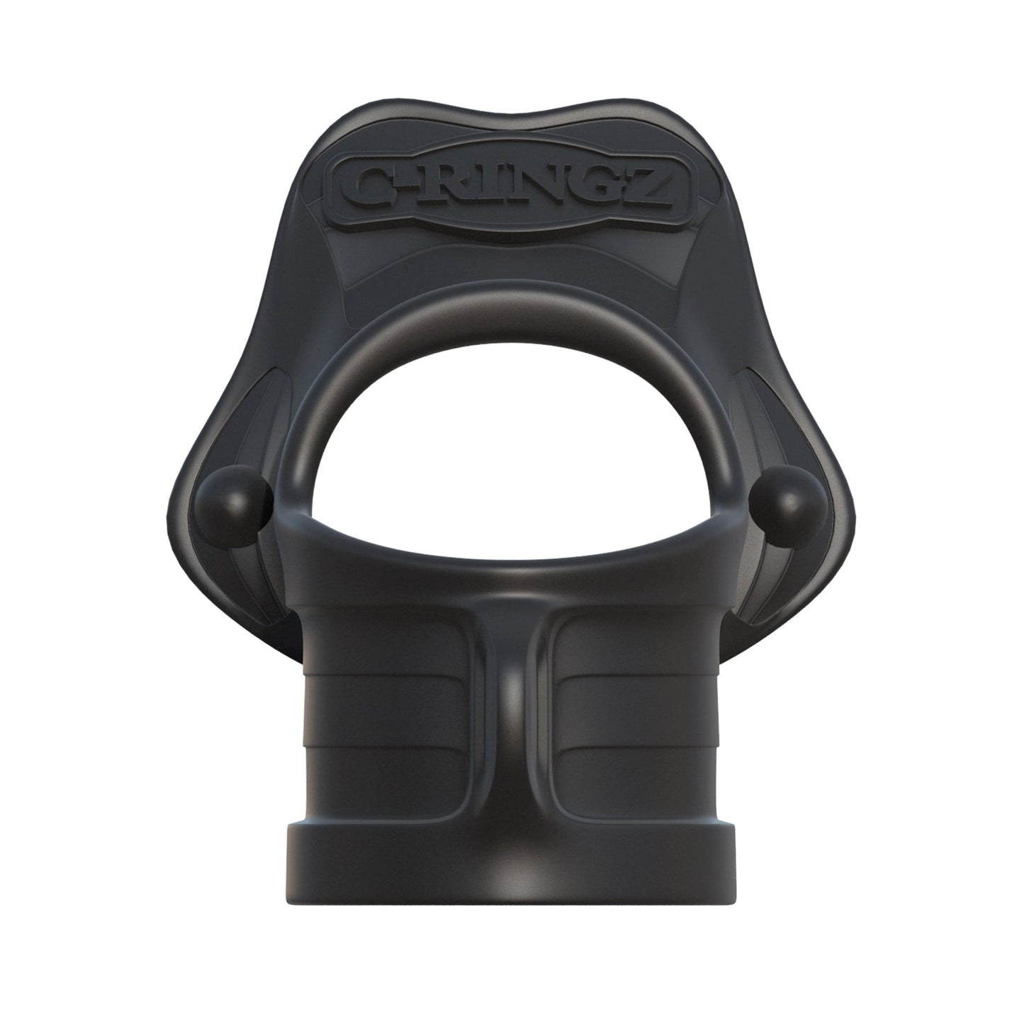 The Fantasy C-Ringz Rock Hard Cock Ring & Ball Stretcher is a silicone black strap-on harness with a contoured design, featuring a built-in cock ring. The sleek, flexible material bears the Fantasy C-Ringz brand name embossed on the upper section.