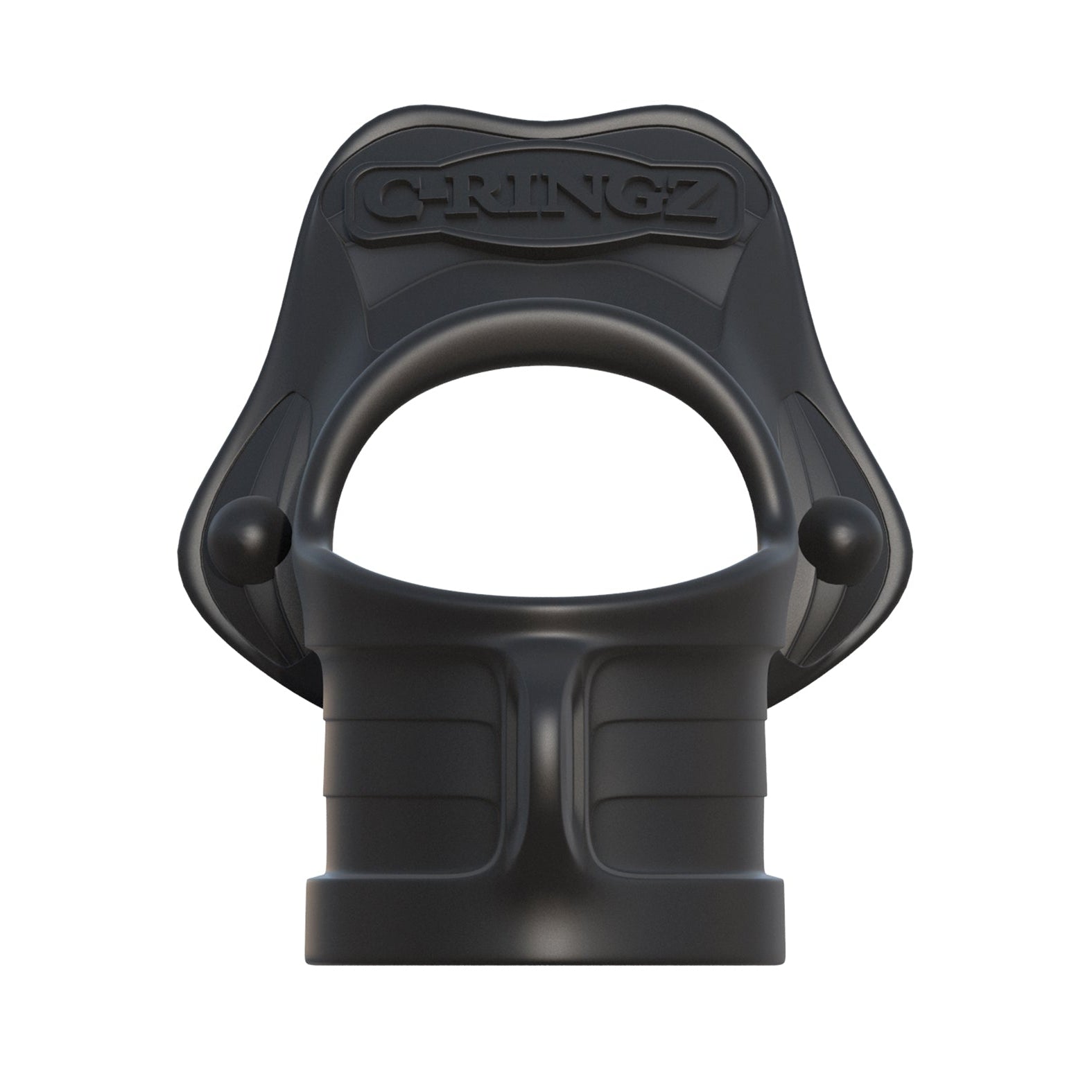 The Fantasy C-Ringz Rock Hard Cock Ring & Ball Stretcher is a silicone black strap-on harness with a contoured design, featuring a built-in cock ring. The sleek, flexible material bears the Fantasy C-Ringz brand name embossed on the upper section.