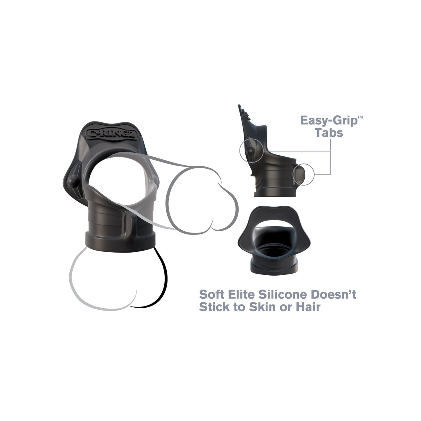Image of the Fantasy C-Ringz Rock Hard Cock Ring & Ball Stretcher in black silicone with easy-grip tabs, shown from different angles. Text reads: Soft Elite Silicone Doesn’t Stick to Skin or Hair.