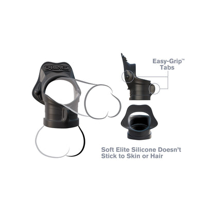 Image of the Fantasy C-Ringz Rock Hard Cock Ring & Ball Stretcher in black silicone with easy-grip tabs, shown from different angles. Text reads: Soft Elite Silicone Doesn’t Stick to Skin or Hair.