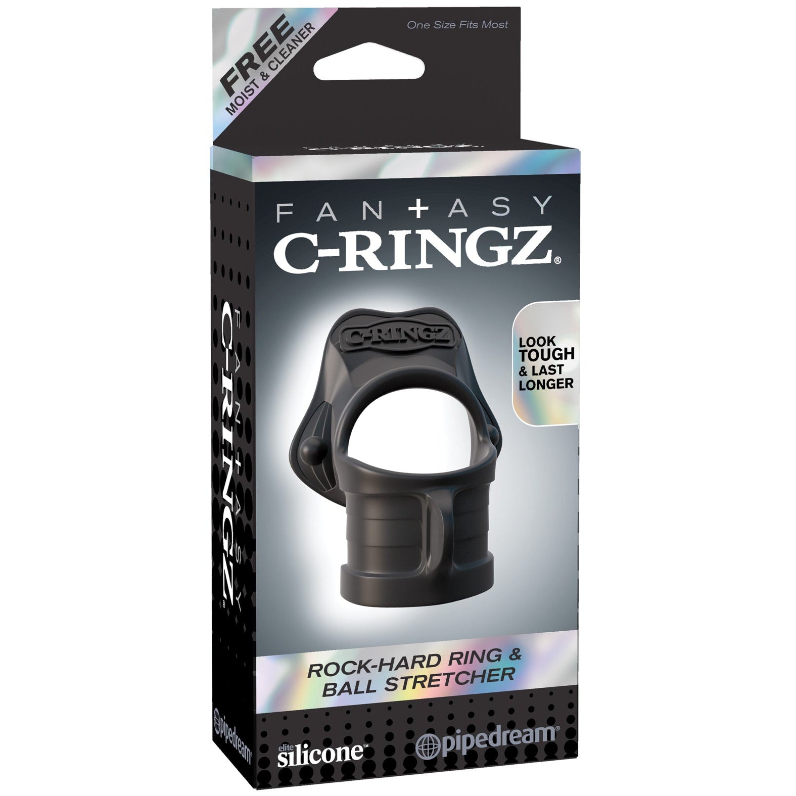 The Fantasy C-Ringz Rock Hard Cock Ring & Ball Stretcher packaging prominently features a product image, showcasing its durable silicone build. Bold phrases like Look Tough & Last Longer emphasize its core function and highlight its benefits.